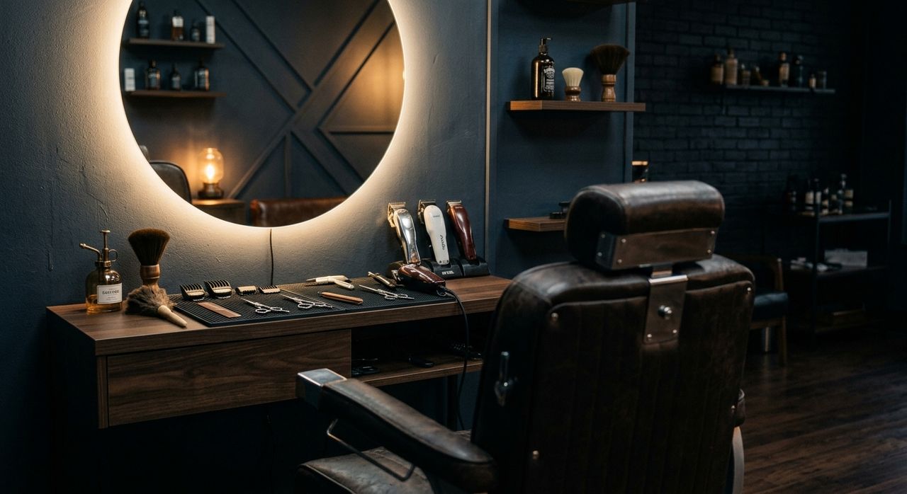 Barber station with a leather chair, backlit round mirror, and clippers laid out on a dark wood counter