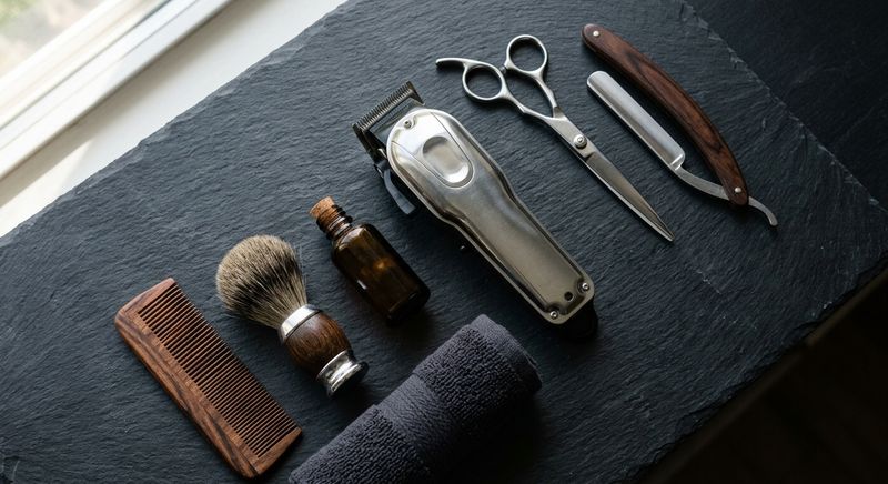 Barber tools arranged on dark slate: clippers, shears, straight razor, comb, and shaving brush