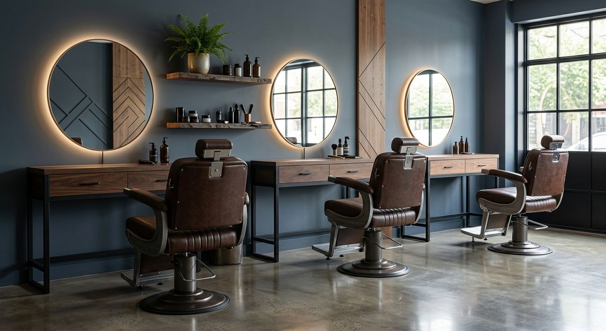 Barbershop interior with a row of leather chairs, round mirrors, and slate-blue walls in morning light
